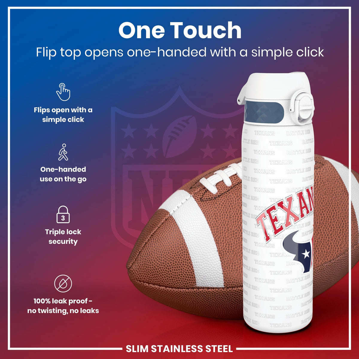 A water bottle, with a flip top that opens one-handed, rests near an American football; the bottle's design features a team logo and is described as slim, stainless steel, triple-locked, and leakproof. One Touch.