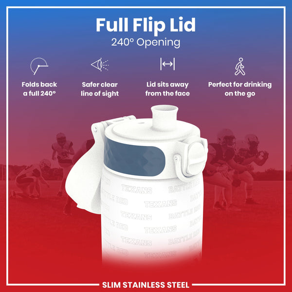 A white, slim stainless steel water bottle with a 240° flip lid is shown against a red background featuring blurred images of football players. The lid folds back completely, providing a clear line of sight and sits away from the face. The bottle is labeled “TEXANS” and “BATTLE RED”.