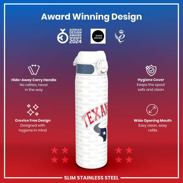 A slim stainless steel water bottle, displaying a team logo, sits against a red and blue gradient background; it features a hide-away handle, crevice-free design, hygiene cover, and wide mouth for easy cleaning and refills. Award Winning Design. German Design Award Winner 2024. Good Design. 2021.