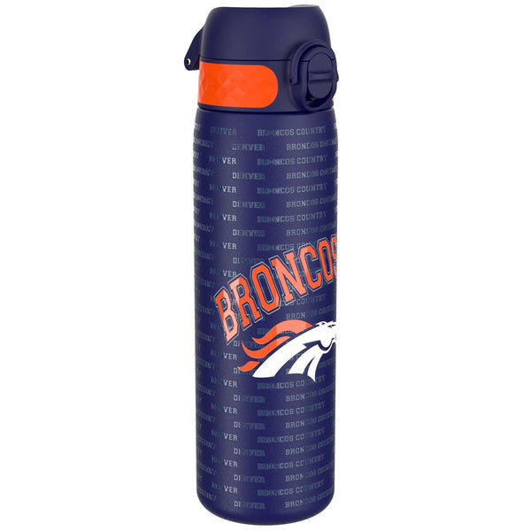 A dark-blue water bottle, featuring an orange band and Bronco's logo, stands against a white background. The bottle is emblazoned with repeating text: "DENVER," and "BRONCOS COUNTRY."