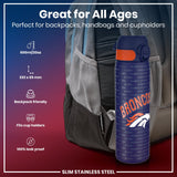 A slim stainless steel water bottle sits in a backpack pocket. It is 600ml/20oz, 232 x 65 mm, backpack and cupholder friendly, and 100% leak proof. The bottle features a Broncos logo.