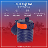 A navy blue, slim stainless steel water bottle with an orange accent and 