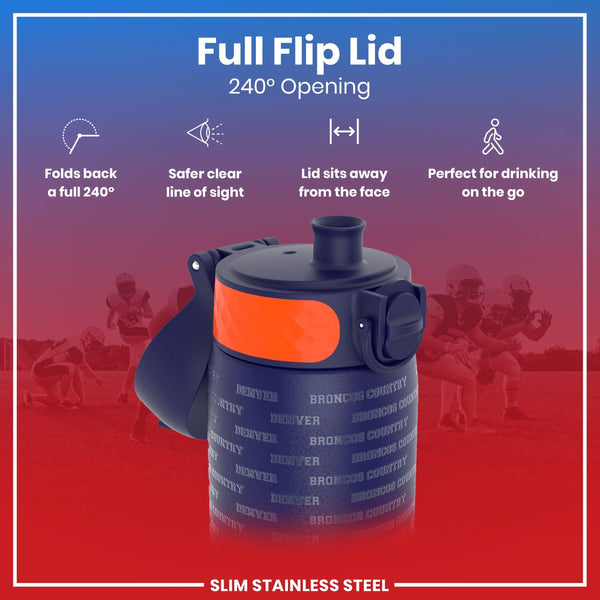 A navy blue, slim stainless steel water bottle with an orange accent and "DENVER BRONCOS COUNTRY" text, features a 240° flip lid that folds back for convenient drinking while on the go; against a blurred background of American football players.