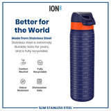 A stainless steel water bottle stands; it's dark blue with orange accents and repeated text, advertising its durability and recyclability.