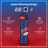A slim stainless steel water bottle, featuring a Broncos design, sits against a red and blue gradient background. The bottle displays several design features, including a hide-away handle and a hygiene cover. Award logos are shown.