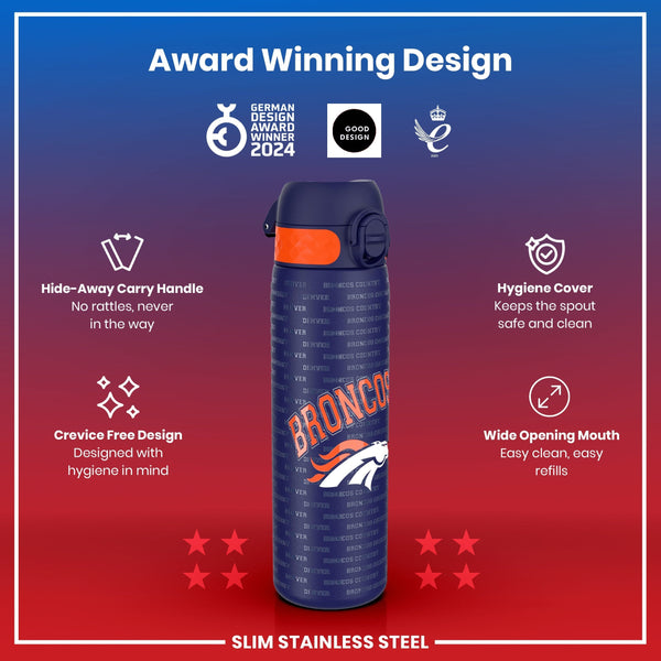 A slim stainless steel water bottle, featuring a Broncos design, sits against a red and blue gradient background. The bottle displays several design features, including a hide-away handle and a hygiene cover. Award logos are shown.
