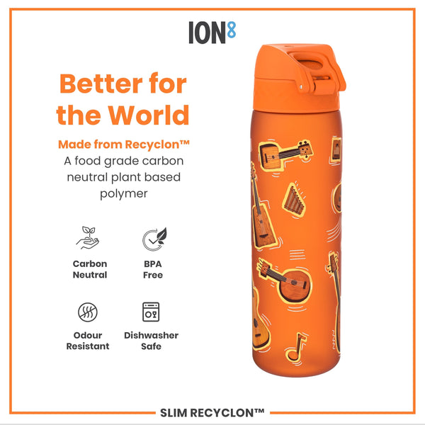 An orange water bottle, featuring musical instrument graphics, sits against a white background; it is made from a plant-based polymer. Better for the World; Made from Recyclon™. A food grade carbon neutral plant based polymer. Carbon Neutral. BPA Free. Odour Resistant. Dishwasher Safe. SLIM RECYCLON™.