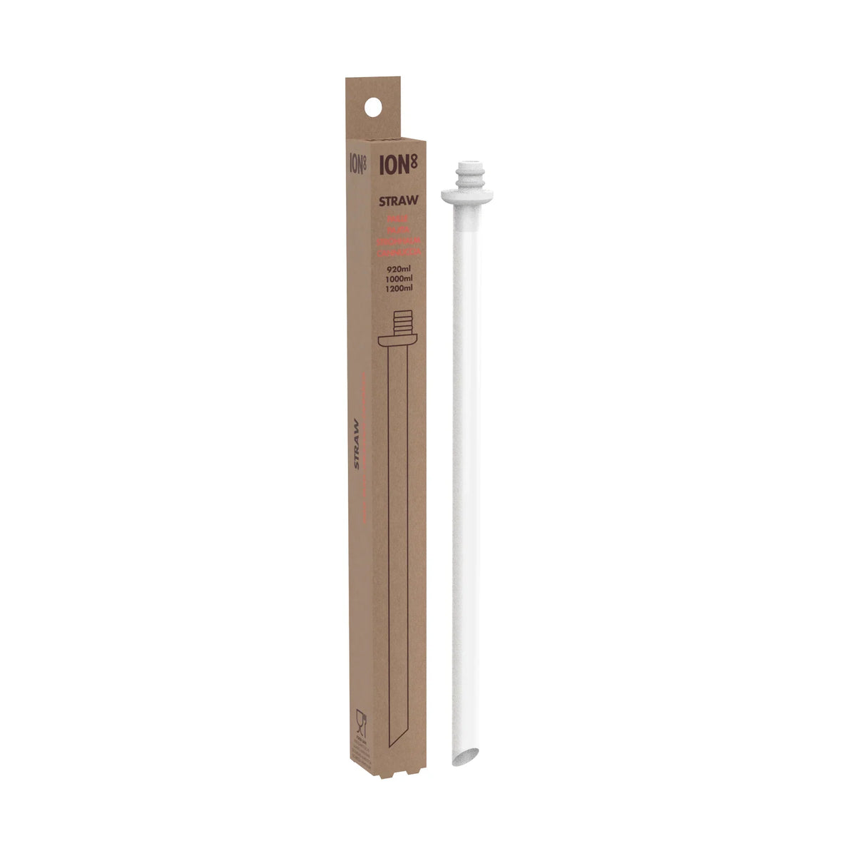 A white straw stands upright beside a tall rectangular brown box labeled "ION8 STRAW fits 900ml 1000ml 1200ml." The box features a simple straw illustration and text.