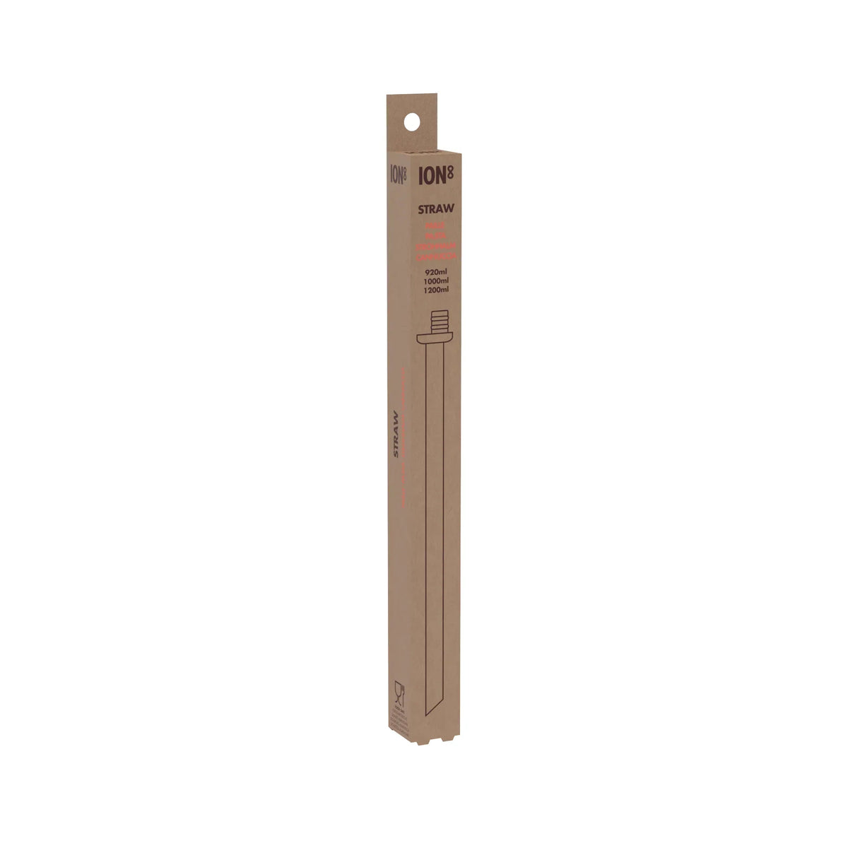 A brown cardboard box displaying a straw with a screw-on design labeled "ION8 STRAW fits 900ml 1000ml 1200ml". The box stands upright, featuring minimal text and graphics.