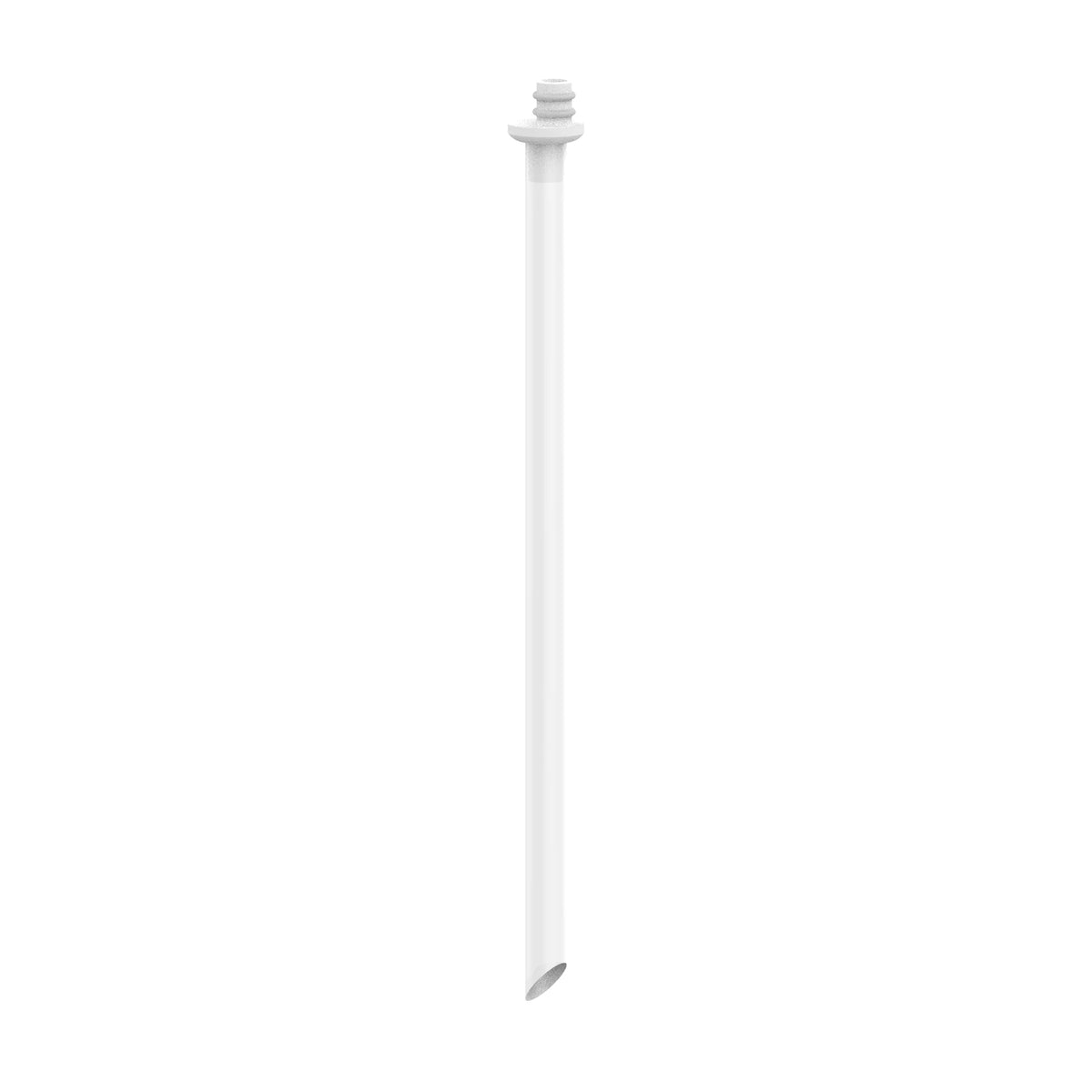 A long, slender white pole with a screw-like top end stands upright against a plain white background, displaying no discernible action or interaction with other objects or elements.