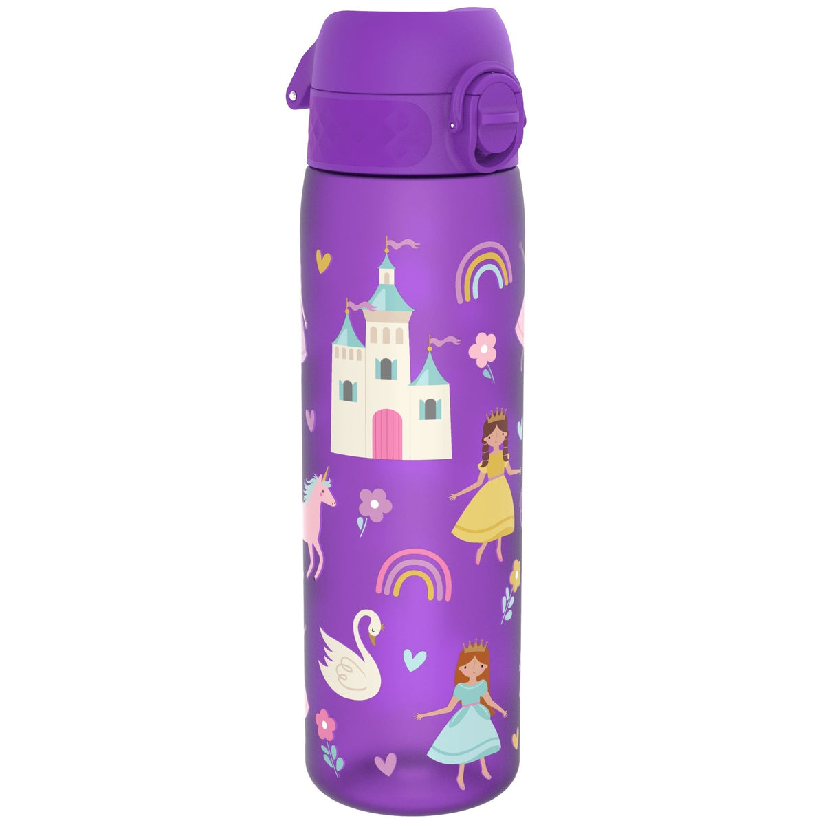 A purple water bottle, featuring a princess, castle, unicorn, and swan design, stands against a white background.