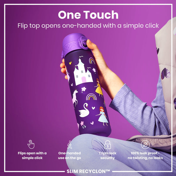 A purple water bottle, featuring a flip top, is being held; a child’s hand operates the bottle’s lid against a purple background. Flip top opens one-handed with a simple click. It is advertised as one-handed, triple lock security, and 100% leak proof. SLIM RECYCLON™.