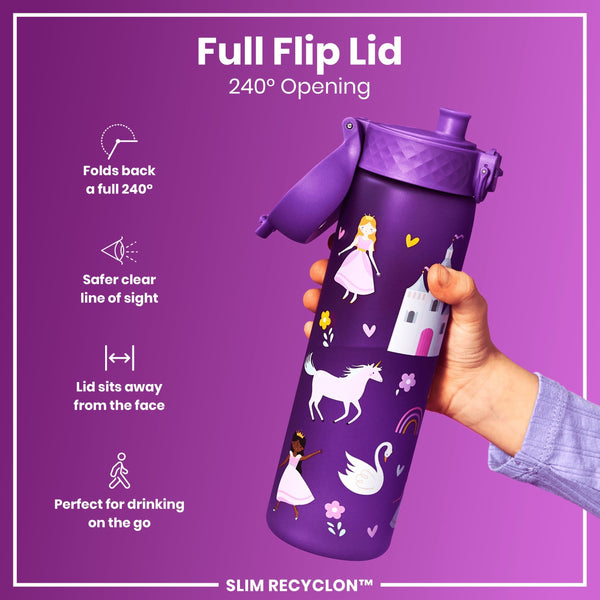 A purple water bottle, with a full flip lid and fairytale designs, is being held; the bottle's 240° opening is highlighted. The context is a purple background, showcasing product features.