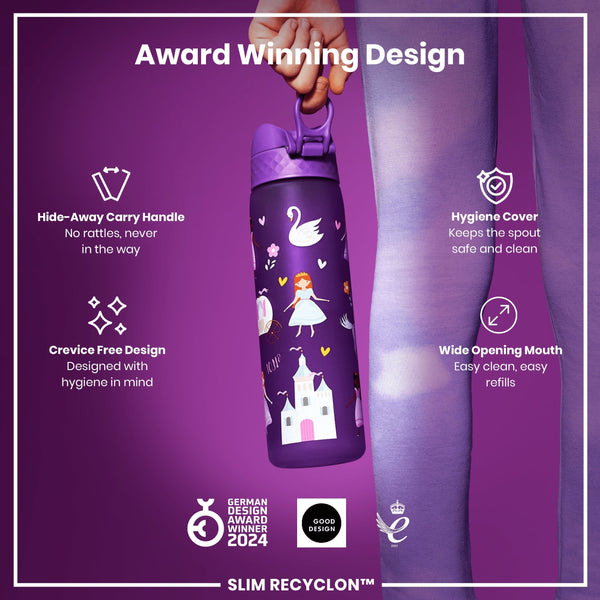 A purple water bottle with a princess design is being held. It features a hide-away handle, hygiene cover, and wide mouth. The bottle is advertised as an award-winning, hygienic design.