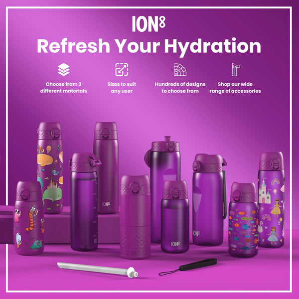 Several purple water bottles, varying in size and design, are displayed on a purple background. They feature child-friendly illustrations and the brand name “ION8”. The context promotes choosing from different materials, sizes, and designs, plus accessories.