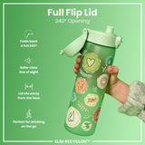 A green water bottle, featuring a 240° flip lid, is being held; it is decorated with various nature-inspired designs. Full Flip Lid; 240° Opening; Folds back a full 240°; Safer clear line of sight; Lid sits away from the face; Perfect for drinking on the go; SLIM RECYCLON™.