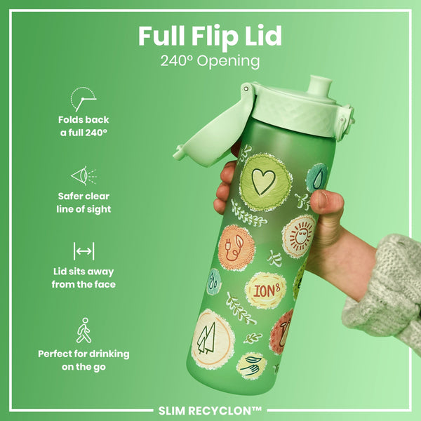 A green water bottle, featuring a 240° flip lid, is being held; it is decorated with various nature-inspired designs. Full Flip Lid; 240° Opening; Folds back a full 240°; Safer clear line of sight; Lid sits away from the face; Perfect for drinking on the go; SLIM RECYCLON™.