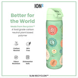 A light green water bottle, adorned with nature-themed illustrations, sits against a white background. The bottle is made from Recyclon™, a food-grade, carbon-neutral plant-based polymer. It's BPA-free, odour-resistant, and dishwasher-safe.