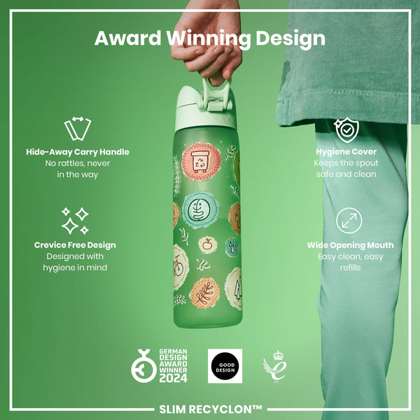 A green water bottle, being held, features a wide mouth, a hide-away handle, and a hygiene cover; it's displayed against a green background with details of its award-winning design. GERMAN DESIGN AWARD WINNER 2024; GOOD DESIGN; 2021.