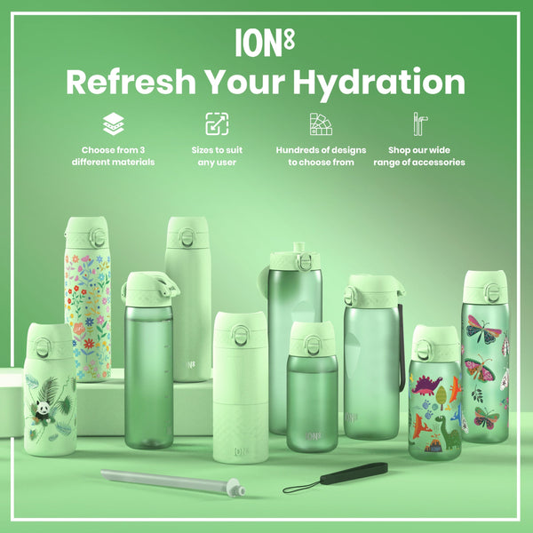 Several water bottles of varying sizes and designs, displayed on a green surface. They are shown alongside accessories. The advertisement promotes ION8 hydration products.