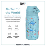 A light-blue stainless steel water bottle, featuring a cartoon ocean design, sits against a white background. The bottle is described as durable, recyclable, carbon neutral, odour resistant and dishwasher safe.