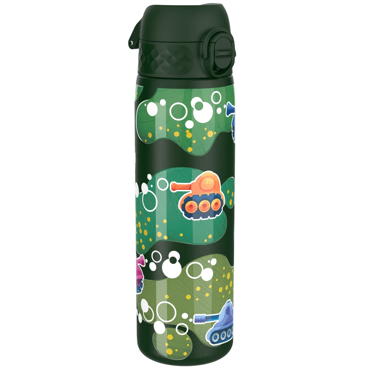 A dark-green water bottle, featuring cartoon tanks and bubbles, stands upright against a white background.