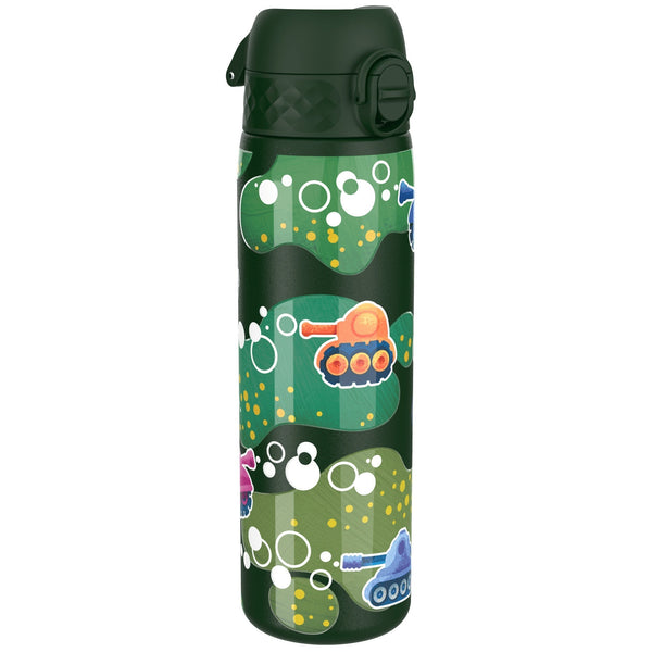A dark-green water bottle, featuring cartoon tanks and bubbles, stands upright against a white background.
