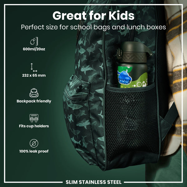 A dark-green water bottle fits inside a backpack's mesh pocket; it's sized for kids' bags and lunchboxes, leakproof, and 600ml/20oz.