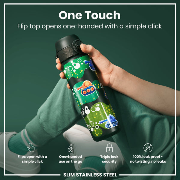 A water bottle, with a flip top, is being held. The bottle is decorated with cartoon tanks. Its features are highlighted: one-handed opening, triple lock security, and leak-proof design. "One Touch," "Flip top opens one-handed with a simple click," "Flips open with a simple click," "One-handed use on the go," "Triple lock security," "100% leak proof – no twisting, no leaks," and "SLIM STAINLESS STEEL" are written.