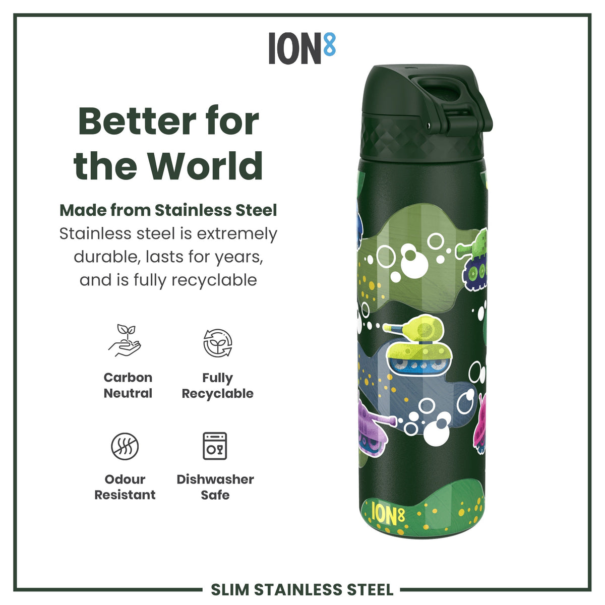 A green stainless steel water bottle, featuring cartoon tanks, sits against a white background. It is described as better for the world, carbon neutral, fully recyclable, odour resistant, and dishwasher safe.