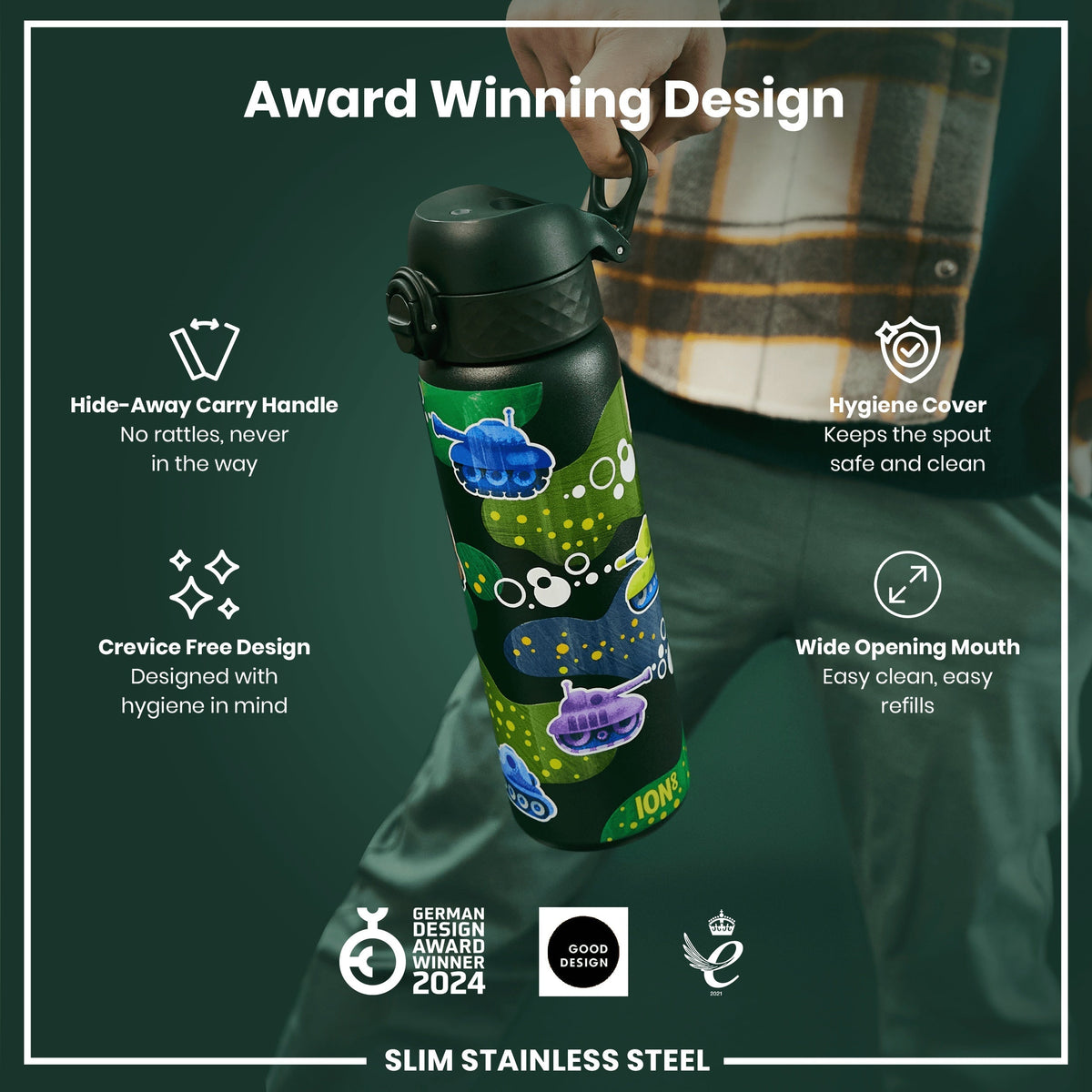 A dark-green, slim stainless steel water bottle is being held. It features a hide-away handle, crevice-free design, hygiene cover, and wide mouth. The bottle won the German Design Award in 2024 and the Good Design award.