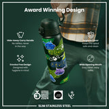 A dark-green, slim stainless steel water bottle is being held. It features a hide-away handle, crevice-free design, hygiene cover, and wide mouth. The bottle won the German Design Award in 2024 and the Good Design award.