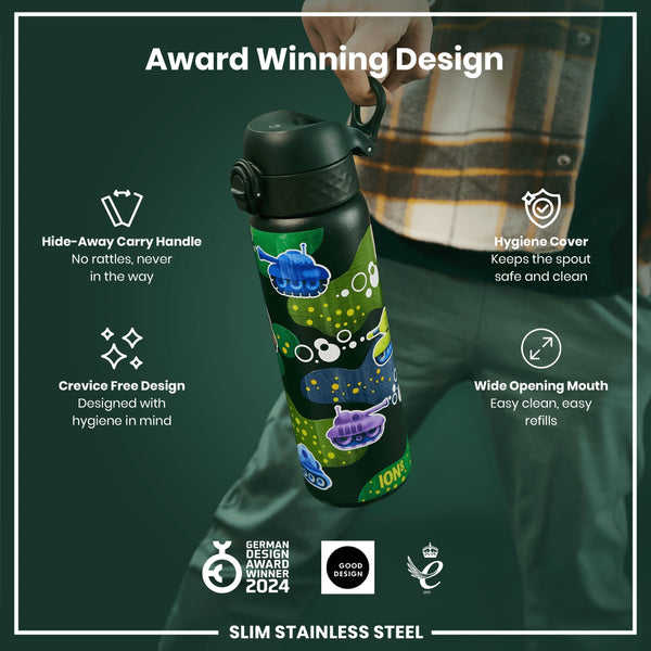 A dark-green, slim stainless steel water bottle is being held. It features a hide-away handle, crevice-free design, hygiene cover, and wide mouth. The bottle won the German Design Award in 2024 and the Good Design award.