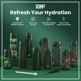 Several ION8 water bottles, varying in size and design, are displayed on a green surface. They are shown alongside accessories. Choose from 3 different materials; sizes to suit any user; hundreds of designs to choose from; shop our wide range of accessories.
