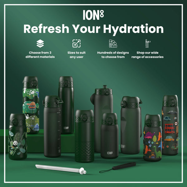 Several ION8 water bottles, varying in size and design, are displayed on a green surface. They are shown alongside accessories. Choose from 3 different materials; sizes to suit any user; hundreds of designs to choose from; shop our wide range of accessories.