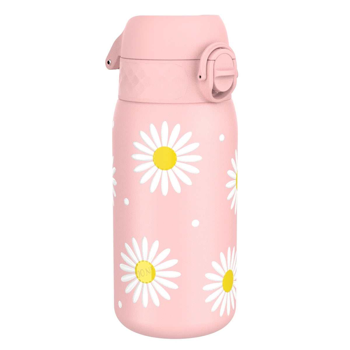 A pink water bottle, adorned with white daisies, sits on a white background. The bottle has a pink lid with a hinged closure.
