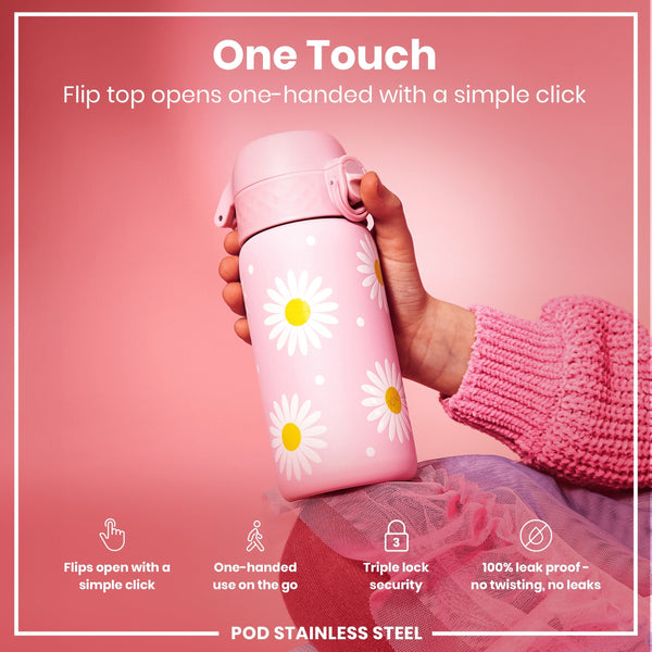 A pink, daisy-patterned water bottle is held; its flip top opens one-handed. The bottle features triple lock security and is leakproof; it is made of stainless steel.