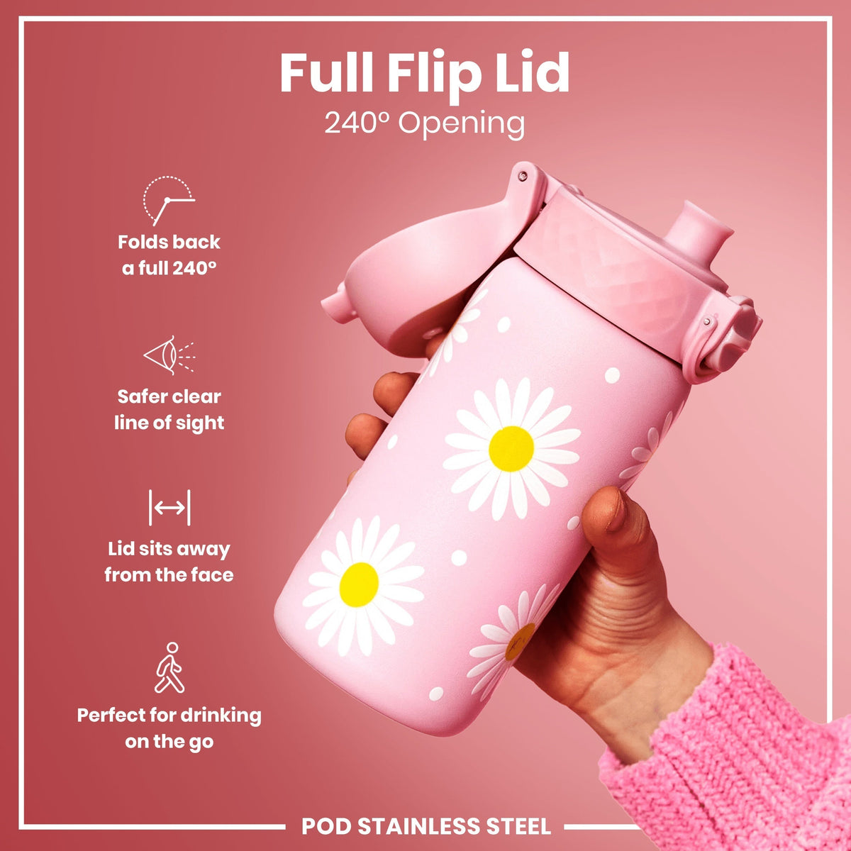 A pink daisy-patterned stainless steel water bottle with a full flip lid is being held; the lid opens 240 degrees, providing a clear line of sight and sitting away from the face; it's ideal for on-the-go use.