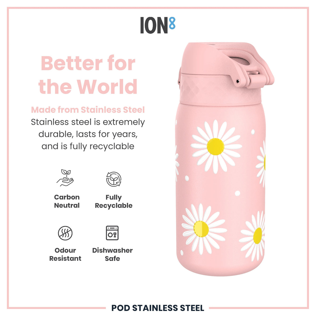 A pink, daisy-patterned stainless steel water bottle sits against a white background. The bottle is advertised as durable, recyclable, and dishwasher safe.