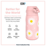 A pink, daisy-patterned stainless steel water bottle sits against a white background. The bottle is advertised as durable, recyclable, and dishwasher safe.