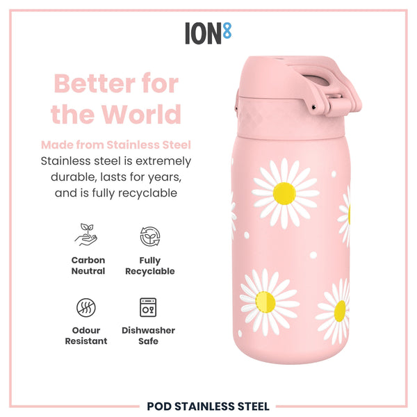 A pink, daisy-patterned stainless steel water bottle sits against a white background. The bottle is advertised as durable, recyclable, and dishwasher safe.
