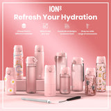 Several pink ION8 water bottles, various sizes and designs, are displayed on a pink surface; accompanying accessories are also shown. 