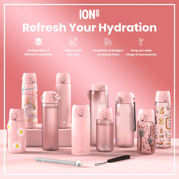 Several pink ION8 water bottles, various sizes and designs, are displayed on a pink surface; accompanying accessories are also shown. "Refresh Your Hydration" is a prominent header.