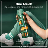 A teal water bottle, with illustrated designs, is held; its flip top opens one-handed. The bottle is advertised as leakproof, with triple lock security, and one-handed usability.
