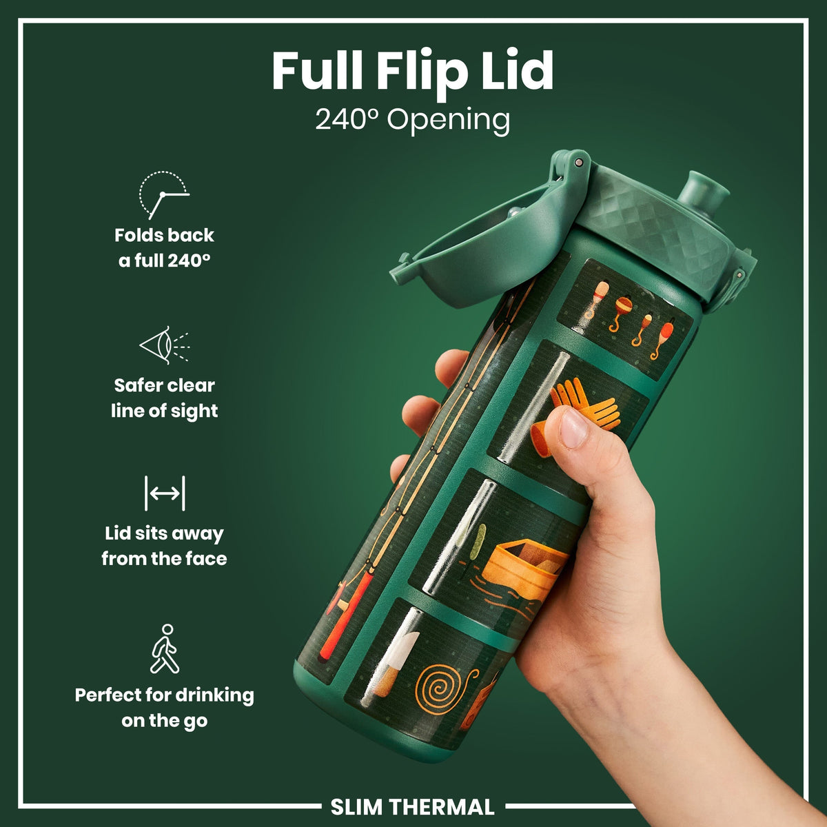 A hand holds a dark-green, slim thermal water bottle with a full flip lid and outdoor-themed graphics; the lid opens 240 degrees.