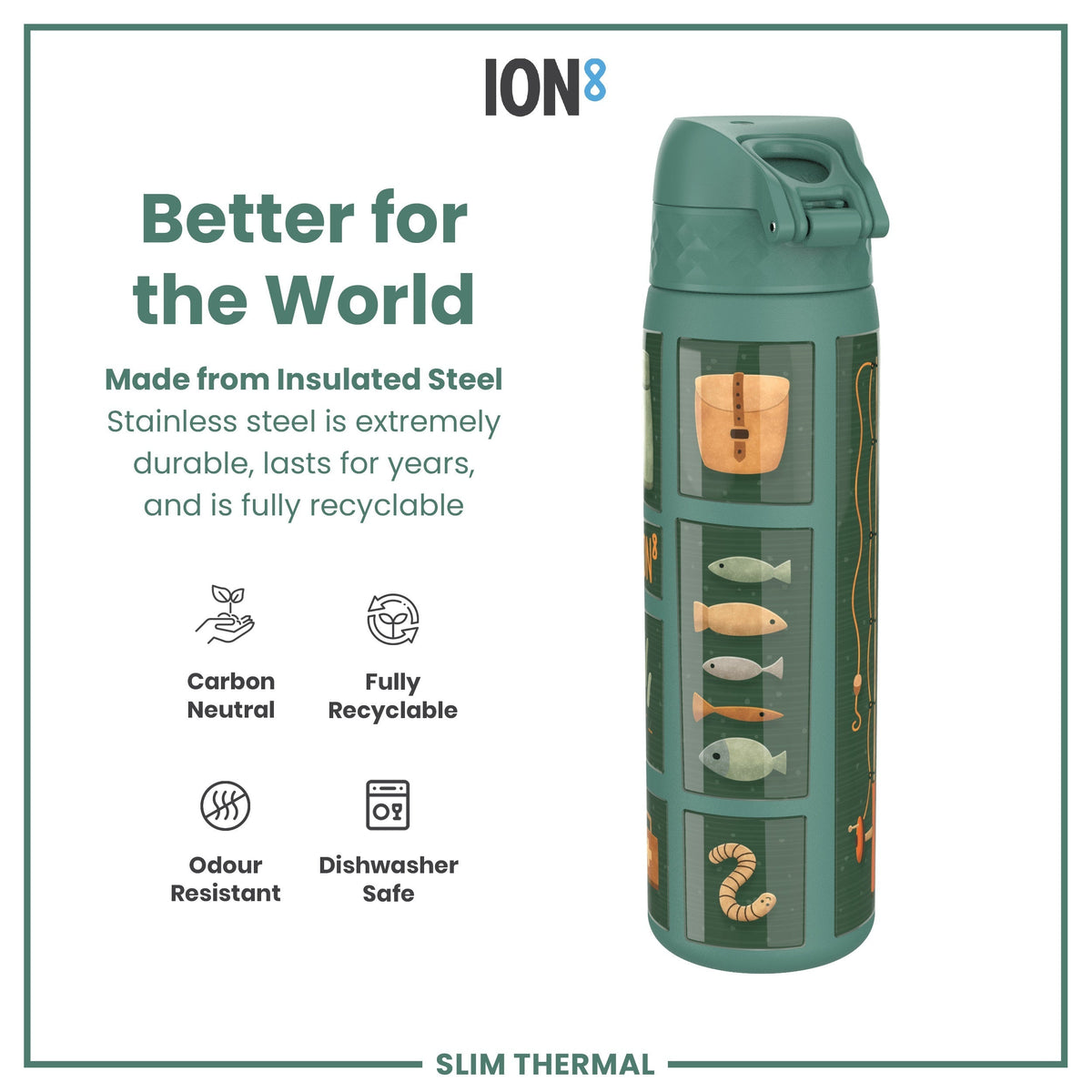 A teal, insulated steel water bottle, featuring fishing-themed graphics, sits against a white background. It's advertised as durable, recyclable, and dishwasher safe. The bottle is carbon neutral and odor resistant.