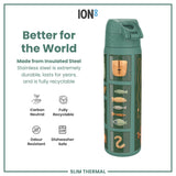 A teal, insulated steel water bottle, featuring fishing-themed graphics, sits against a white background. It's advertised as durable, recyclable, and dishwasher safe. The bottle is carbon neutral and odor resistant.