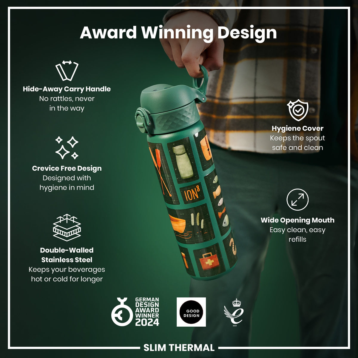 A teal, illustrated water bottle is being held. Its features include a hide-away handle, crevice-free design, double-walled stainless steel, hygiene cover, and wide mouth. It's an award-winning design.