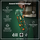 A teal, illustrated water bottle is being held. Its features include a hide-away handle, crevice-free design, double-walled stainless steel, hygiene cover, and wide mouth. It's an award-winning design.
