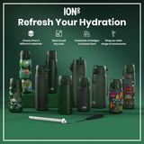 Several dark-green water bottles, various sizes and designs, are displayed on a green surface; accompanying text advertises material choices, sizes, designs, and accessories.